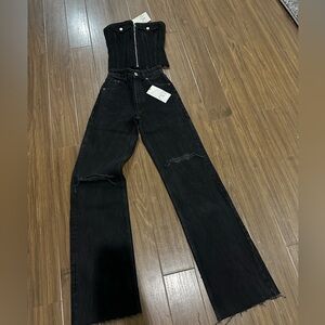 Zara Black Strapless Denim Jumpsuit with Distressed Knees